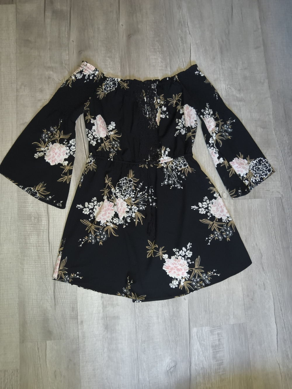 feathers Black Romper with Pink and Cream Floral Accents